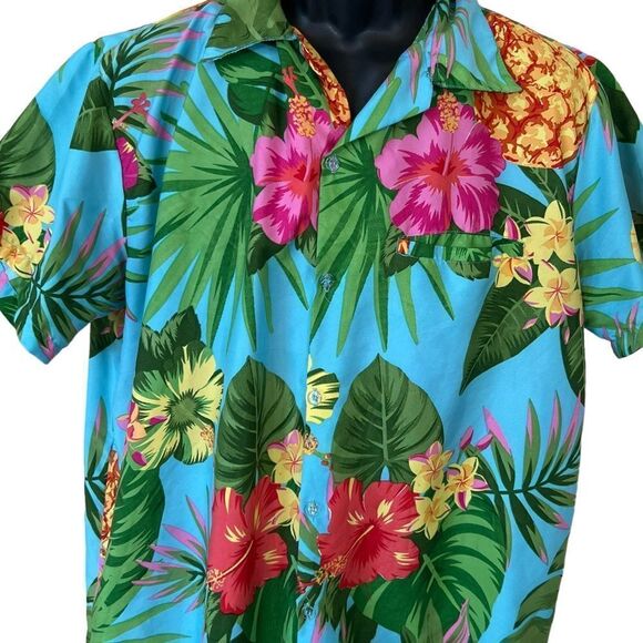 Vintage King Kameha Tropical Hibiscus and Pineapple Print Hawaiian Shirt - Picture 2 of 8